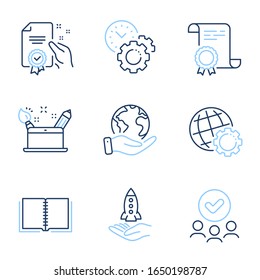 Book, Certificate and Time management line icons set. Diploma certificate, save planet, group of people. Globe, Crowdfunding and Creativity concept signs. Vector