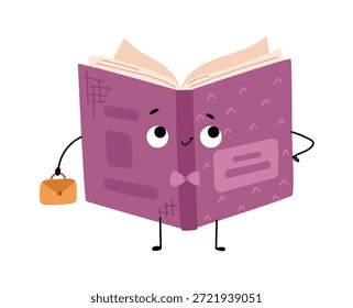 Personaje de libro con pajarita y maletín. Vector en estilo plano, icono aislado de lindo personaje con expresión facial positiva. Libro de texto joven divertido con las manos y las piernas mirando a un lado