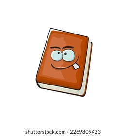 Book character. Cartoon brown paper book character isolated on white background. Funky book character with eyes and mouth. Vector brown book clip art, emoji, label and sticker