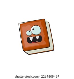 Book character. Cartoon brown paper book character isolated on white background. Funky book character with eyes and mouth. Vector brown book clip art, emoji, label and sticker