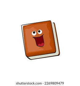Book character. Cartoon brown paper book character isolated on white background. Funky book character with eyes and mouth. Vector brown book clip art, emoji, label and sticker