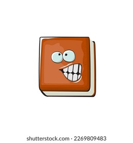 Book character. Cartoon brown paper book character isolated on white background. Funky book character with eyes and mouth. Vector brown book clip art, emoji, label and sticker