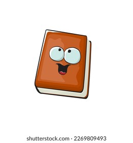 Book character. Cartoon brown paper book character isolated on white background. Funky book character with eyes and mouth. Vector brown book clip art, emoji, label and sticker