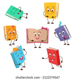 Carácter de libro. Caricatura cómica mascota de libros de clipart con manos, piernas y caras graciosas. Conjunto de libros de vectores