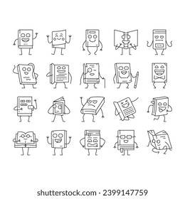 book character education library icons set vector. literature read, cute happy, flat study, knowledge reader, person woman book character education library black contour illustrations