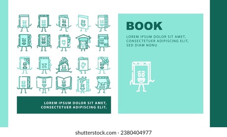 book character school landing web page vector. study education, library, children, poster literature, girl notebook, student book character school Illustration