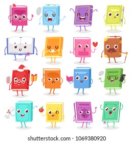 Book character vector cartoon emotion textbook with childish face expression on notebook cover illustration educational set of reading kawaii studing at school isolated on white background