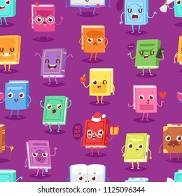 Book character vector cartoon emotion textbook with childish face expression on notebook cover illustration educational set of reading kawaii studing at school seamless pattern background