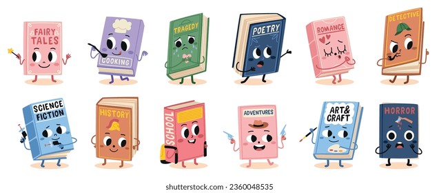 Book characters. Cute cartoon mascots, different genres literature, smiling kids textbooks, different emotions, fairy tales, cooking and horror stories, tragedy and detective, tidy vector set