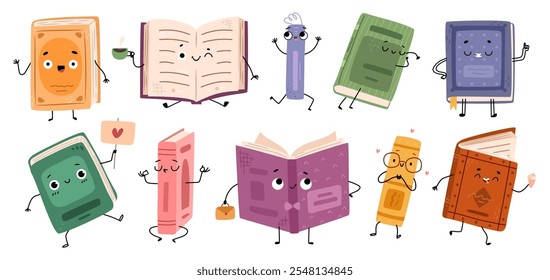 Personajes de libro con expresión facial de alegría y felicidad, relax y curiosidad. Vector en estilo plano, conjunto aislado de cubiertas con manos y piernas, emociones faciales. Saludo y saludo, guiño