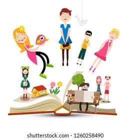 Book with Characters - People. Vector Reading Books Concept.