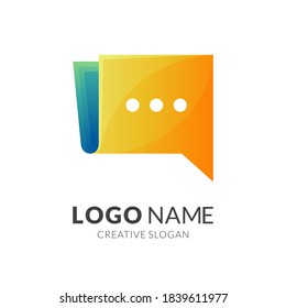 book chat logo, book and chat, combination logo with 3d yellow and green color style