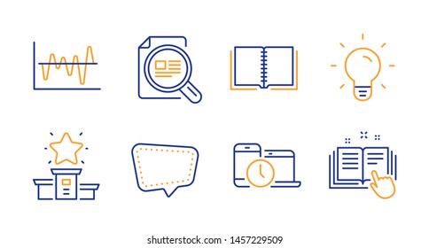 Book, Chat message and Winner podium line icons set. Check article, Light bulb and Stock analysis signs. Time management, Technical documentation symbols. E-learning course, Speech bubble. Vector
