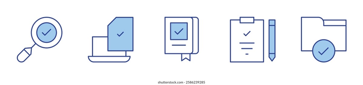 book, check mark, checklist, clipboard, tick. Checkmark Icon vector illustration. Line Duotone style. Editable stroke.