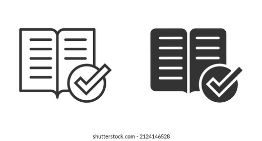 Book check mark icon in flat style. Bookmark approval vector illustration on white isolated background. Confirm business concept.