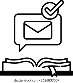 A book with a check mark on it and an envelope on top of it
