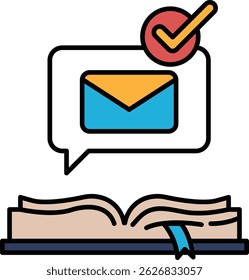 A book with a check mark on it and an envelope on top of it. The envelope is yellow and blue