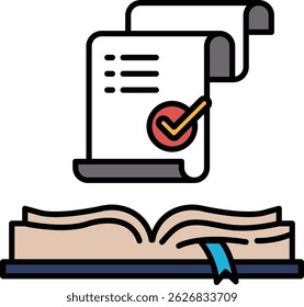 A book with a check mark on it and a piece of paper with a check mark on it. The book and paper are open, and the check marks indicate that they have been approved or completed