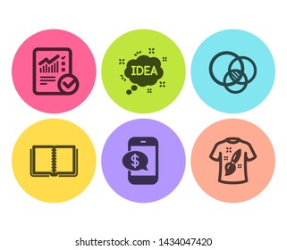 Book, Checked calculation and Euler diagram icons simple set. Idea, Phone payment and T-shirt design signs. E-learning course, Statistical data. Education set. Flat book icon. Circle button. Vector
