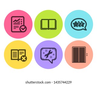 Book, Checked calculation and Stars icons simple set. Spanner, Reject book and Lift signs. E-learning course, Statistical data. Technology set. Flat book icon. Circle button. Vector