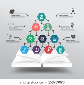 Libro con el concepto de educación de iconos de química y ciencia, ilustración vectorial plantilla de diseño moderno, diseño de flujo de trabajo, diagrama, opciones de aumento