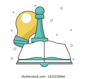 book, chess piece and bulb light over white background, vector illustration
