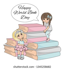 BOOK and CHILDREN for World Book Day Knowledge School Children Cartoon Vector Illustration Set for Print Fabric and Decoration