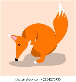 Book children's, funny illustration. A picture of a red cartoon fox in motion. Stylization, vector, digital, design.