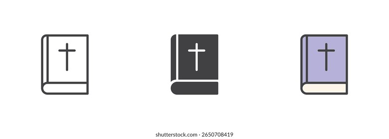 Book with Christian cross icon set. Includes line, solid and colorful filled outline styles. Religion, bible and spiritual vector book icon.