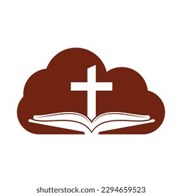 Icono de diseño del logotipo del concepto de la forma de la nube de la iglesia del libro. Vector de diseño del logo de la Iglesia de la Biblia. Logo de Cross y Holy Bible.