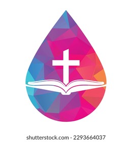 Book church drop shape concept logo design icon. Bible Church logo design vector. Cross and Holy Bible logo.