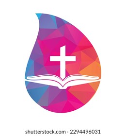 Icono de diseño del logo de la forma de la forma de la iglesia del libro. Vector de diseño del logo de la Iglesia de la Biblia. Logo de Cross y Holy Bible.