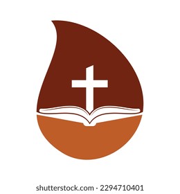 Book church drop shape concept logo design icon. Bible Church logo design vector. Cross and Holy Bible logo.