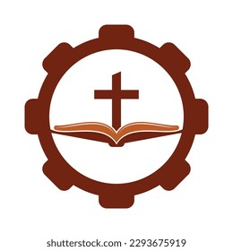 Icono de diseño del logotipo del concepto de la forma de los aparejos de la iglesia del libro. Vector de diseño del logo de la Iglesia de la Biblia. Logo de Cross y Holy Bible.