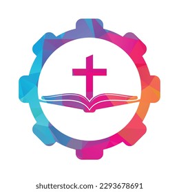 Book church gear shape concept logo design icon. Bible Church logo design vector. Cross and Holy Bible logo.