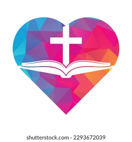 Book church heart shape concept logo design icon. Bible Church logo design vector. Cross and Holy Bible logo.