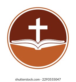 Buchen Sie das Logo der Kirche-Design-Symbol. Logo-Design-Vektorgrafik der Bibelkirche. Das Logo der Heiligen Bibel kreuzen.