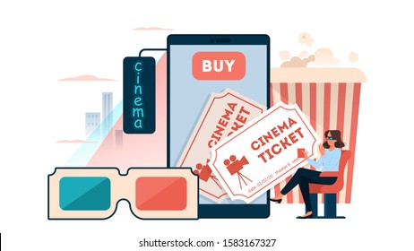 Book A Cinema Ticket Online Concept. Idea Of Entertainment Or Weekend Planning. Buy A Movie Ticket In The App. Vector Illustration In Cartoon Style