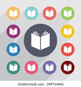 book circle, flat icons set. Round colorful buttons 