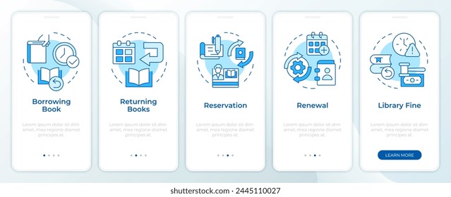 Book circulation blue onboarding mobile app screen. Walkthrough 5 steps editable graphic instructions with linear concepts. UI, UX, GUI template. Montserrat Semibold, Regular fonts used