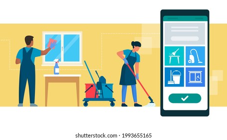 Book cleaning service online: professional cleaners working and mobile app with services