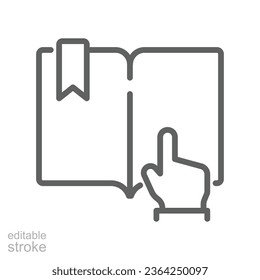 Haga clic en icono vector, haga clic en símbolo de libro en línea. estudio abierto y literatura de lectura con puntero de mano. imagen del logotipo de esquema Icono editable Ilustración de vectores en fondo blanco. EPS 10
