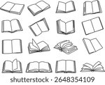 Book clipart. Book icon set. Vector line drawing. Open book illustration isolated on white background