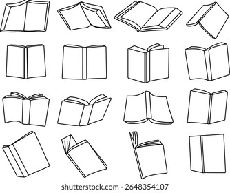 Book clipart. Book icon set. Vector line drawing. Open book illustration isolated on white background