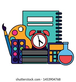 book clock alarm test tube calculator palette color paintbrush back to school vector illustration