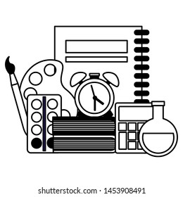 book clock alarm test tube calculator palette color paintbrush back to school vector illustration