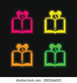 Book And Clock four color glowing neon vector icon