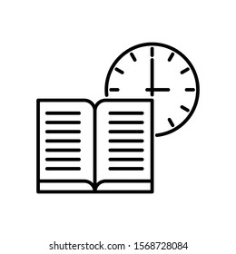Book and clock icon. Outline thin line flat illustration. Isolated on white background. 