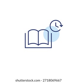 Libro y reloj. Horarios de Biblioteca, horarios de lectura. Icono de Vector de trazo perfecto y editable