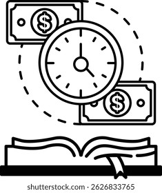 A book with a clock and two dollar bills on the cover